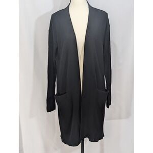 Theory Black 100% Cashmere Open Front Cardigan Rib Sleeves Pockets Petite